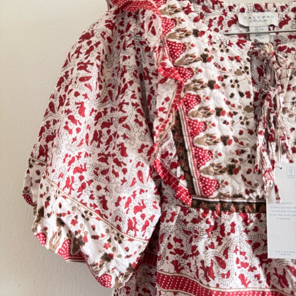 NWT Calypso St. Barth Red Puff Sleeve Quilted Boho Ruffle Top size Large - Picture 6 of 11
